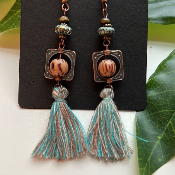 Copper and Brass Blue Tassel Earrings - Picture 2 of 3